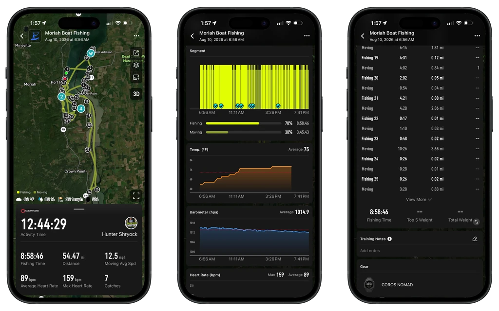 coros fishing activity ui
