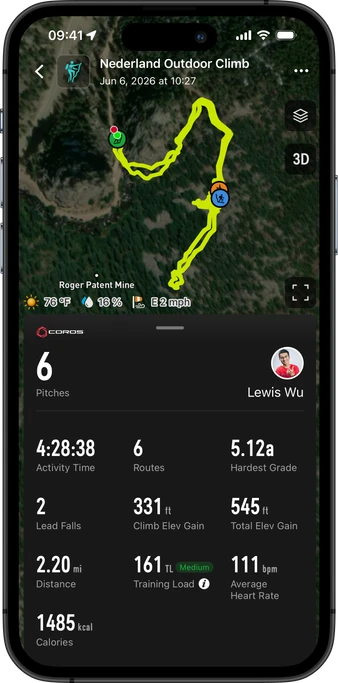 previous climb on coros app