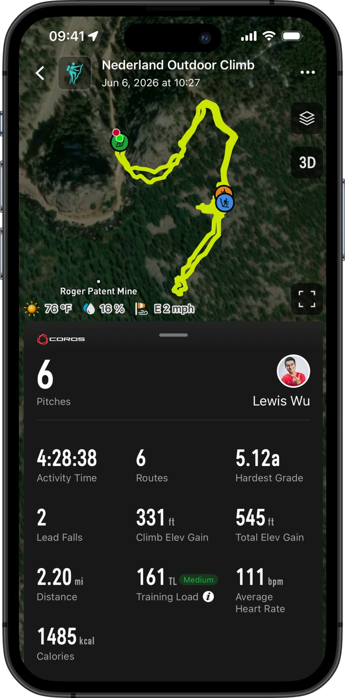 previous climb on coros app