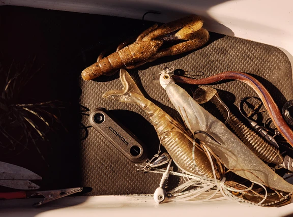 Assortment of soft plastic fishing lures and tackle tools on a mat.