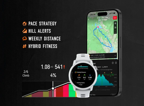 Pace Strategy, Hill Alerts, Weekly Distance, and Hybrid Fitness features displayed with a smartphone and watch.