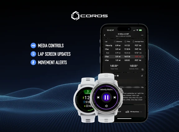 COROS watches and phone interface showcasing media controls, lap screen updates, and movement alerts.