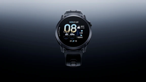 COROS PACE 4 Black Crystal watch displaying time, weather, and fitness metrics on its screen.