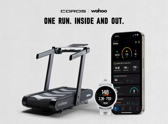 Wahoo KICKR RUN treadmill, COROS watch, and smartphone displaying synchronized running data.