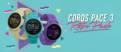 Product banner showcasing the COROS PACE 3 GPS Sport Watch, featuring both a male and female runner confidently wearing the watch, complemented by a close-up view highlighting the sleek design of the watch face.