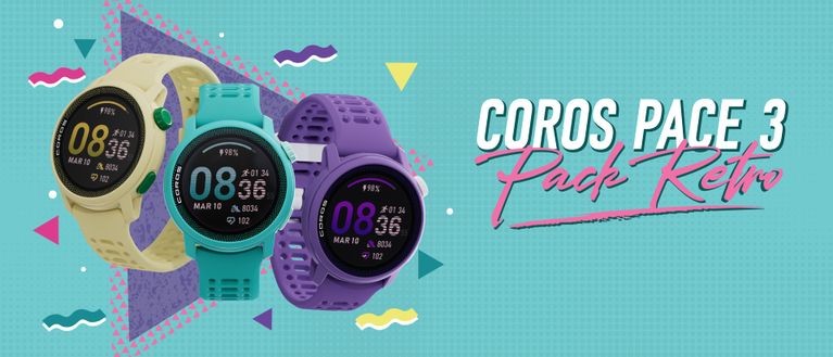 Product banner showcasing the COROS PACE 3 GPS Sport Watch, featuring both a male and female runner confidently wearing the watch, complemented by a close-up view highlighting the sleek design of the watch face.