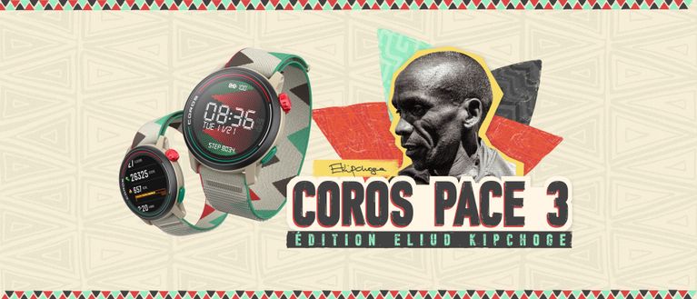Product banner featuring the COROS PACE 3 GPS Sport Watch Eliud Kipchoge Edition, accompanied by a captivating thumbnail of Eliud Kipchoge with his distinctive signature.