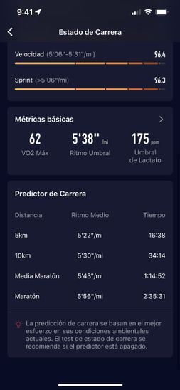 A screenshot of the race predictor on the COROS app.