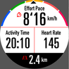 A front-facing image of a COROS PACE 2 Dark Navy Watch with four metrics for running showing on the screen.