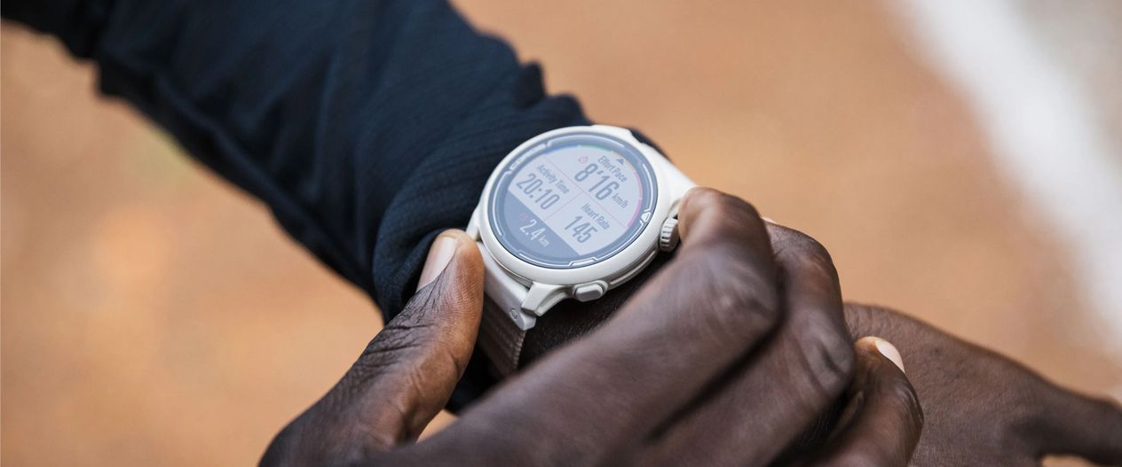A close-up image of the running activity screen on a COROS PACE 2 White Watch with a white nylon band.