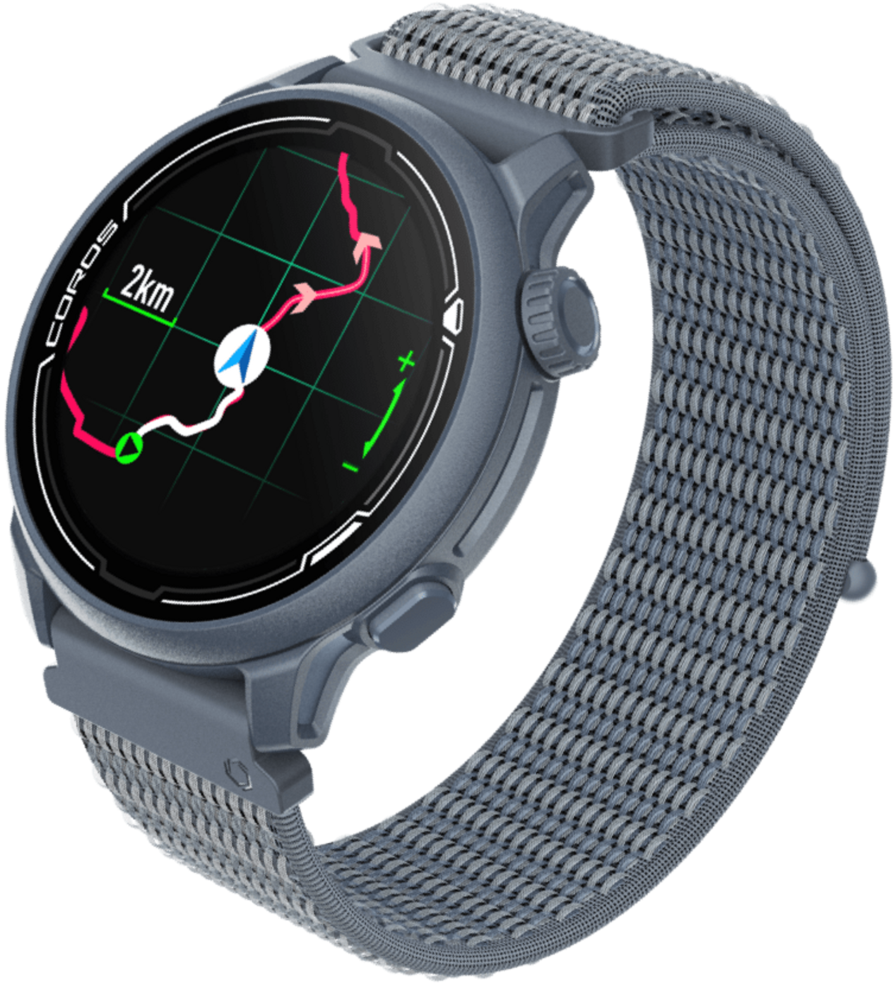 A close-up 3D rendering of a COROS PACE 2 Blue Steel Watch with a breadcrumb navigation screen.