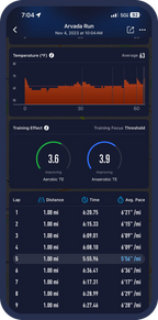 A screenshot of the temperature graph from a running activity on the COROS app.