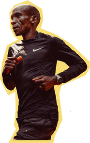 A close-up image of Eliud Kipchoge running with a COROS PACE 3 EK watch on his left wrist.