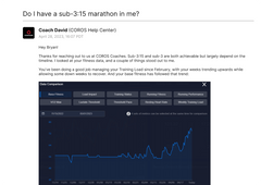 A screenshot of an email response from Coach David from COROS Coaching Team addressing a user's question about whether this user can run a sub-3:15 marathon.