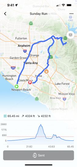 A screenshot of the GPS track and elevation profile of a 65-mile route and in Southern California created on the COROS app.