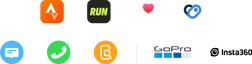 A list of logos and icons from Strava, Nike Run Club, Apple Health, Health Connect, Text, Phone Call, Find My Phone, Go Pro and Insta360.