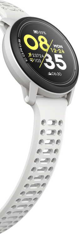 A close-up image of a white COROS PACE 3 watch in white silicone band facing right.