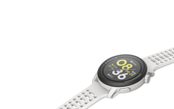 A close-up image of a white COROS PACE 3 watch with white silicone band. 