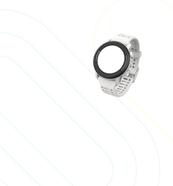 An image of a white COROS PACE 3 watch with white silicone band showcasing activity modes. 