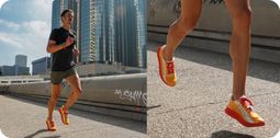An image of a male runner training with the COROS POD 2 on his shoe and a close-up image of his shoe.