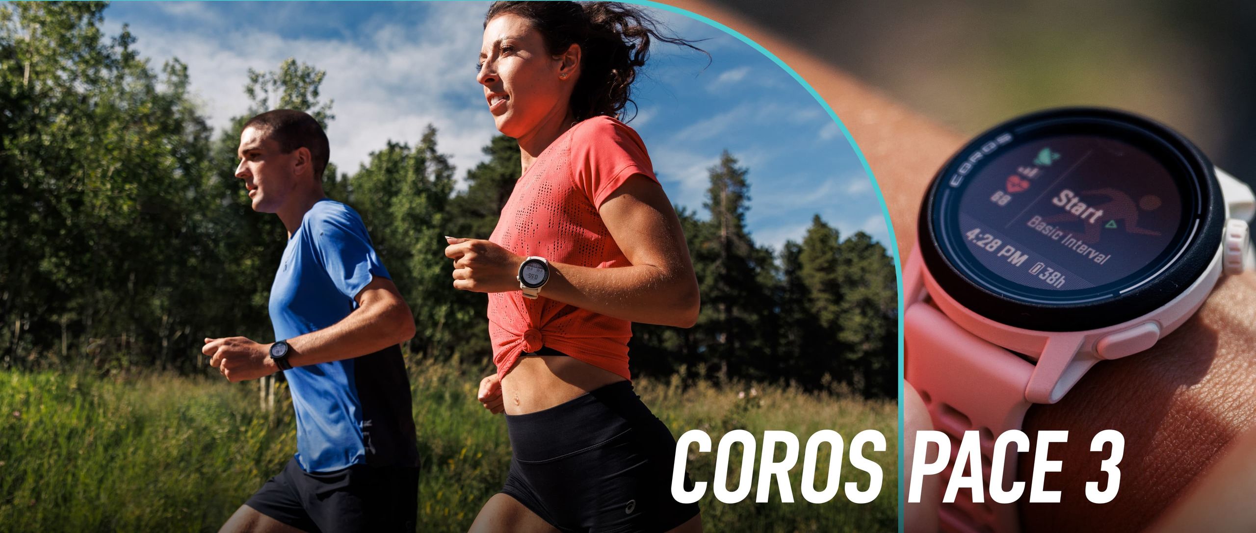 An image of a male and a female runner running outside with COROS PACE 3 watch and a close-up image of a white COROS PACE 3 watch on the activity start page.