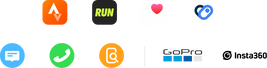 A list of logos and icons from Strava, Nike Run Club, Apple Health, Health Connect, Text, Phone Call, Find My Phone, Go Pro and Insta360.