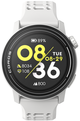 A front view image of a white COROS PACE 3 watch with white silicone band.