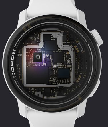 An exploded view of a white COROS PACE 3 watch and its internal hardware. 