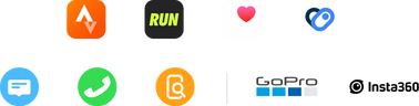 A list of logos and icons from Strava, Nike Run Club, Apple Health, Health Connect, Text, Phone Call, Find My Phone, Go Pro and Insta360.
