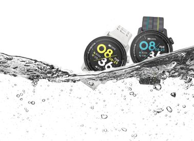 An image of a white COROS PACE 3 watch in white silicone band and a black COROS PACE 3 watch in black nylon band in the water.