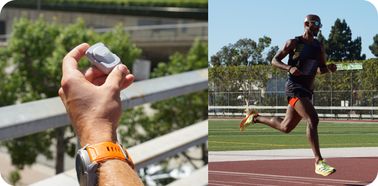 Two images showing a runner holding a COROS POD 2 and another runner in motion on a track.