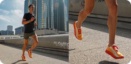Two images showing a runner wearing COROS POD 2 on foot during an outdoor run.