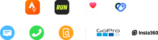 A list of logos and icons from Strava, Nike Run Club, Apple Health, Health Connect, Text, Phone Call, Find My Phone, Go Pro and Insta360.