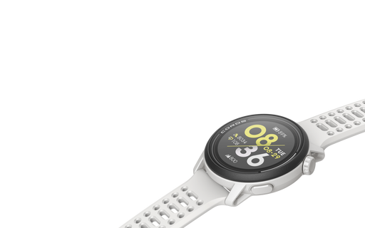 A close-up image of a white COROS PACE 3 watch with white silicone band.