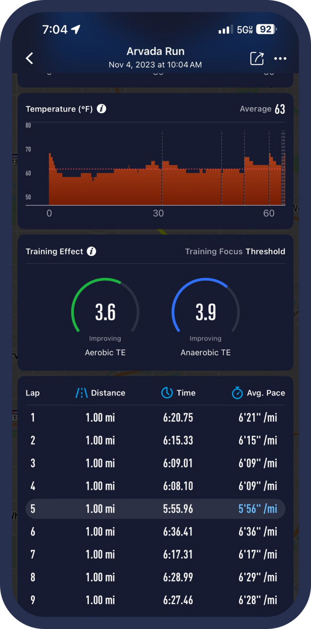 Temperature shown in COROS app