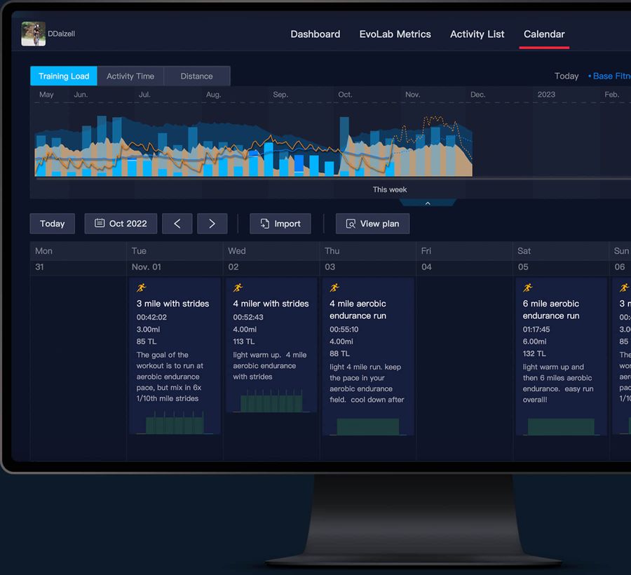 A screenshot of the calendar interface of COROS Training Hub.